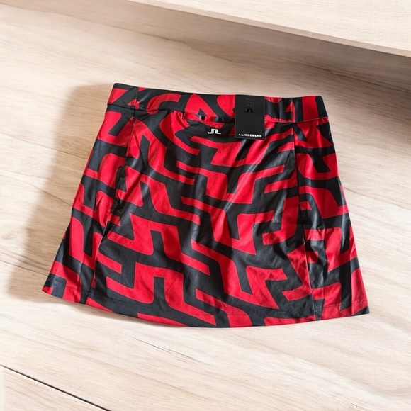 J.Lindeberg Amelie Mid Print Golf Skirt Red Black Size L - Picture 4 of 8